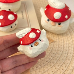 Handcrafted wood-textured bird figurine with red mushroom cap for desktop decor