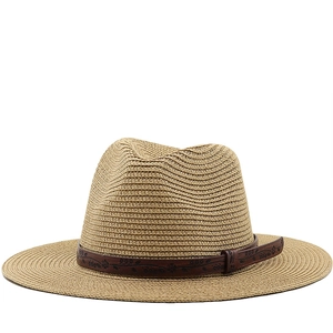 Straw Fedora Hat With Embossed Leather Band Wide Brim Sun Protection Breathable Summer Beach Outdoor For Men Women