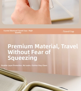 Travel wash cup in gold and white, showing leak-proof detail and suitcase storage