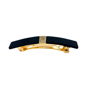 Elegant black acetate hair clip with gold alloy base and sparkling rhinestone square