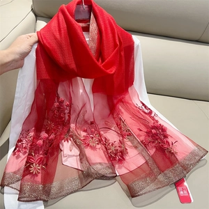 Elegant red embroidered floral scarf with metallic gold trim for women's fashion