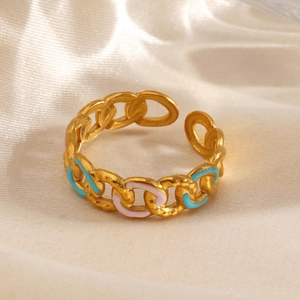 Minimalist gold chain open ring with blue and pink enamel on silk background