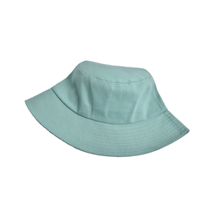 Detailed view of light green cotton sun hat with reinforced multi-row stitching on brim
