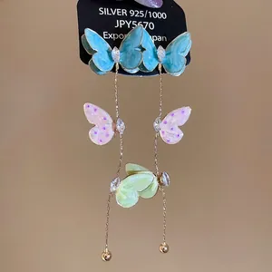 Elegant S925 silver needle blue butterfly tassel earrings with zircon accents and charms