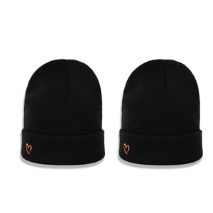 Fashionable black ribbed knit beanie with orange heart embroidery, pack of two minimalist hats