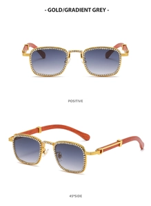 Detail of square diamond-set gold frame sunglasses with gradient grey lenses and wood grain temples