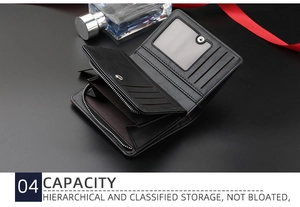 Detail of black leather wallet interior featuring card slots, ID window, and zipper pocket