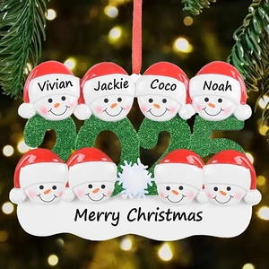 Custom 2025 family of 8 resin snowman Christmas tree ornament with festive red and green decor