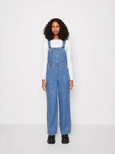 Women's vintage blue denim overalls with a relaxed fit and full-length loose straight leg