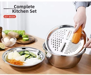 Detailed view of stainless steel basin set with vegetable slicer and grater lid