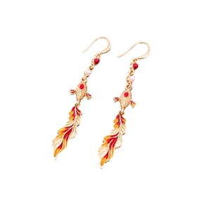 Vintage koi fish drop earrings with pearls and red enamel tassels on white background