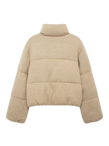 Women's casual quilted short jacket with stand collar and warm knit texture in beige color