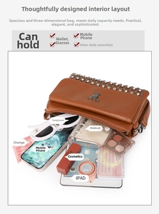 Brown leather crossbody bag with multiple layers showing high capacity storage features