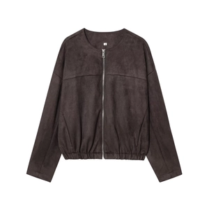 Veste baseball en daim synthétique marron foncé avec col rond et fermeture éclair