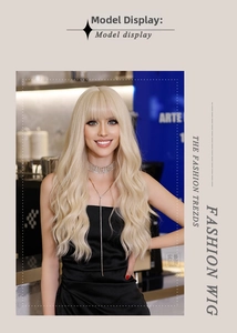 Detailed close-up of a long platinum blonde wavy wig with fringe on a model