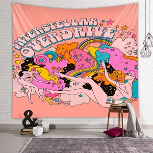 Interstellar Overdrive psychedelic wall tapestry with female art in a cozy room setting