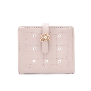 Detailed view of pink PU leather wallet with floral print and pearl metal buckle
