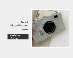 Detail magnification of the silver camera-shaped crossbody bag with glittering sequins