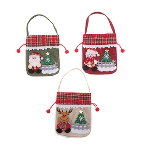 Set of 3 Christmas burlap gift bags with 3D Santa, Snowman and Reindeer designs
