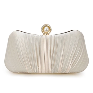 Elegant champagne pleated satin evening clutch with pearl clasp and rhinestone accents