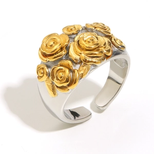 Retro stainless steel open ring featuring 18K gold plated 3D rose flower design
