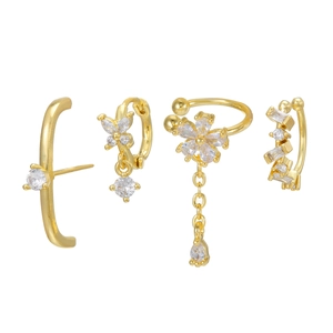 Four-piece 18k gold-plated floral and butterfly zircon clip earrings and stud set