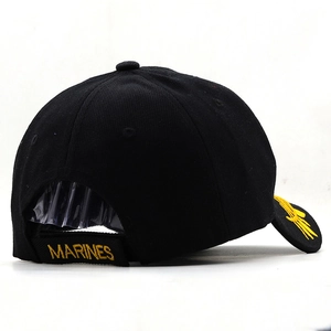 Detail of adjustable hook and loop strap with yellow Marines embroidery on black tactical cap