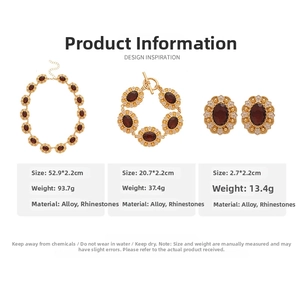 Detailed specs for vintage gold necklace set with deep red oval rhinestones and pearls