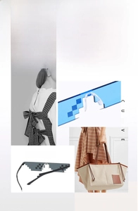 Detail of pixel sunglasses in blue and grey with unique stepped edge design
