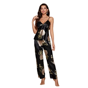 Zweiteiliges schwarzes Satin-Pyjama-Set mit Blumenmuster, Camisole-Top und gerader Hose