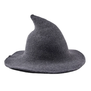 Classic dark grey knitted wizard hat with a pointed top and wide brim for Halloween