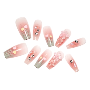Long trapezoid press-on nails with tulip art, 3D flowers, and pink gradient glitter