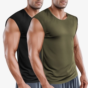 Men's athletic sleeveless workout tops in black and olive green, breathable quick-dry fabric