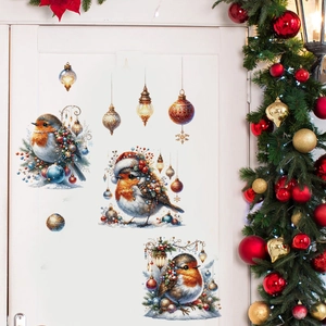 Christmas robin bird wall stickers with ornaments on white door for holiday decor