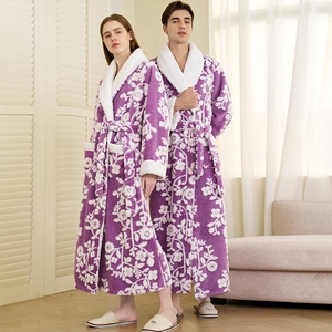 Verdickte Lange Bademantel Pyjamas Floral Jacquard Fleece Schalkragen Bindegürtel Loungewear Für Paare Männer Und Frauen
