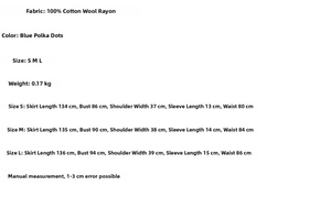 Size chart detail for blue polka dot lace dress showing measurements for S, M, L sizes