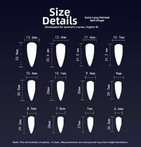 Detailed size chart for extra long stiletto press on nails with gradient french design
