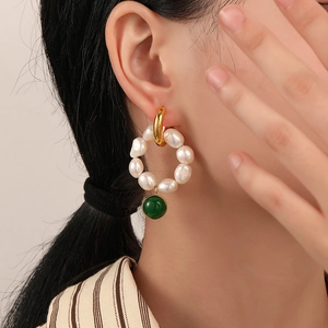 Retro handmade pearl hoop earrings with green bead charm on gold metal clasp for women