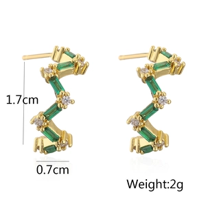 Detail showing 1.7cm by 0.7cm dimensions for green zircon 18K gold plated earrings