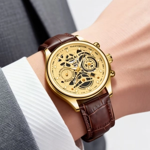 Classic men's quartz watch with gold case, brown leather strap, and hollow skeleton dial