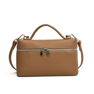 Brown litchi grain leather box bag for women with top handle and detachable strap