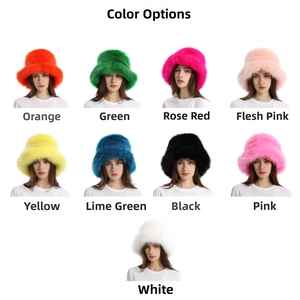 Grid view showing nine color options of plush faux fur bucket hats for winter