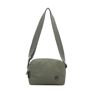 Olive green minimalist nylon crossbody bag with adjustable strap and side brand label