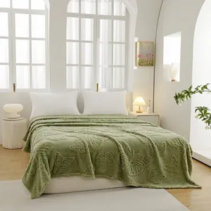 Thick bean green flannel blanket with 3D embossed butterfly pattern for home bedroom