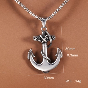 Vintage stainless steel anchor pendant necklace with rope detail for men, 39mm height