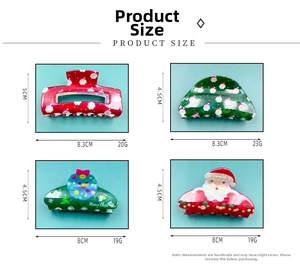 Size chart showing 8cm Christmas hair claw clips with laser PVC festive patterns