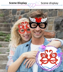 Outdoor scene of models wearing red swan and heart-wing party glasses for Valentine's Day