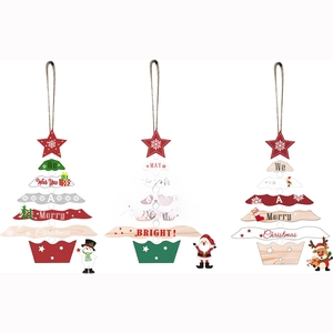 Three wooden Christmas tree ornaments featuring Santa and Reindeer on a white background
