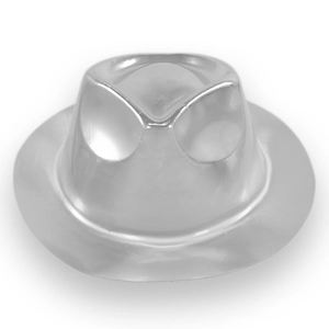 Detailed view of silver metallic jazz hat showing smooth reflective surface and texture
