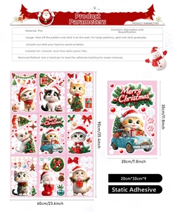 Detailed PVC static stickers set showing cartoon cat, Santa, and tree for glass decoration